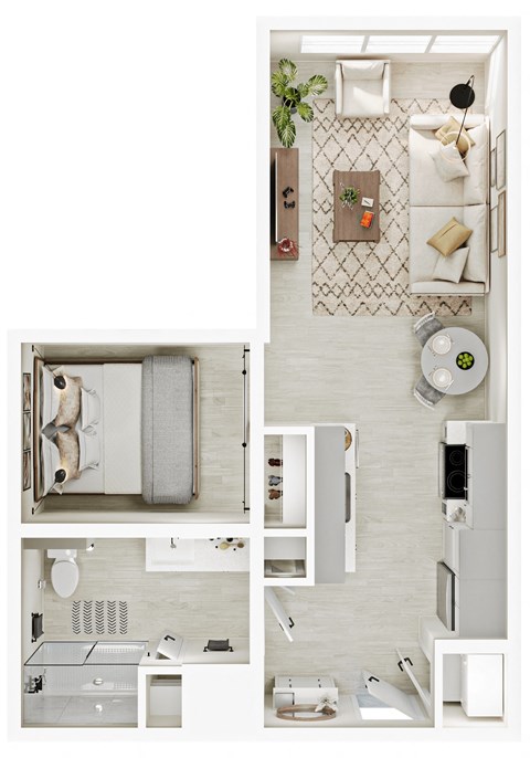 a split image of a house with a bedroom and a living room